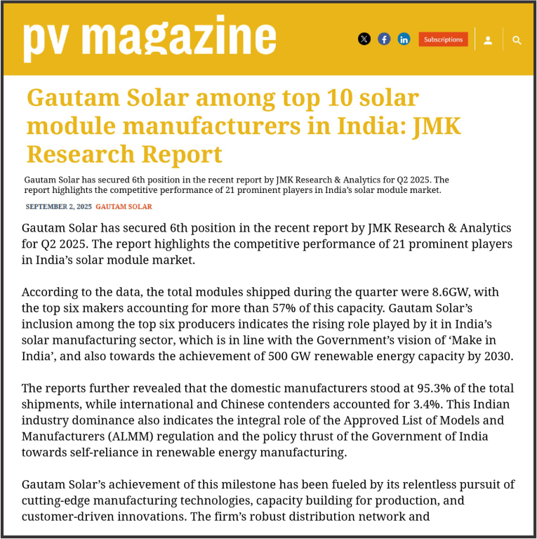 Gautam Solar Among top 10 Solar Module Manufacturers in India